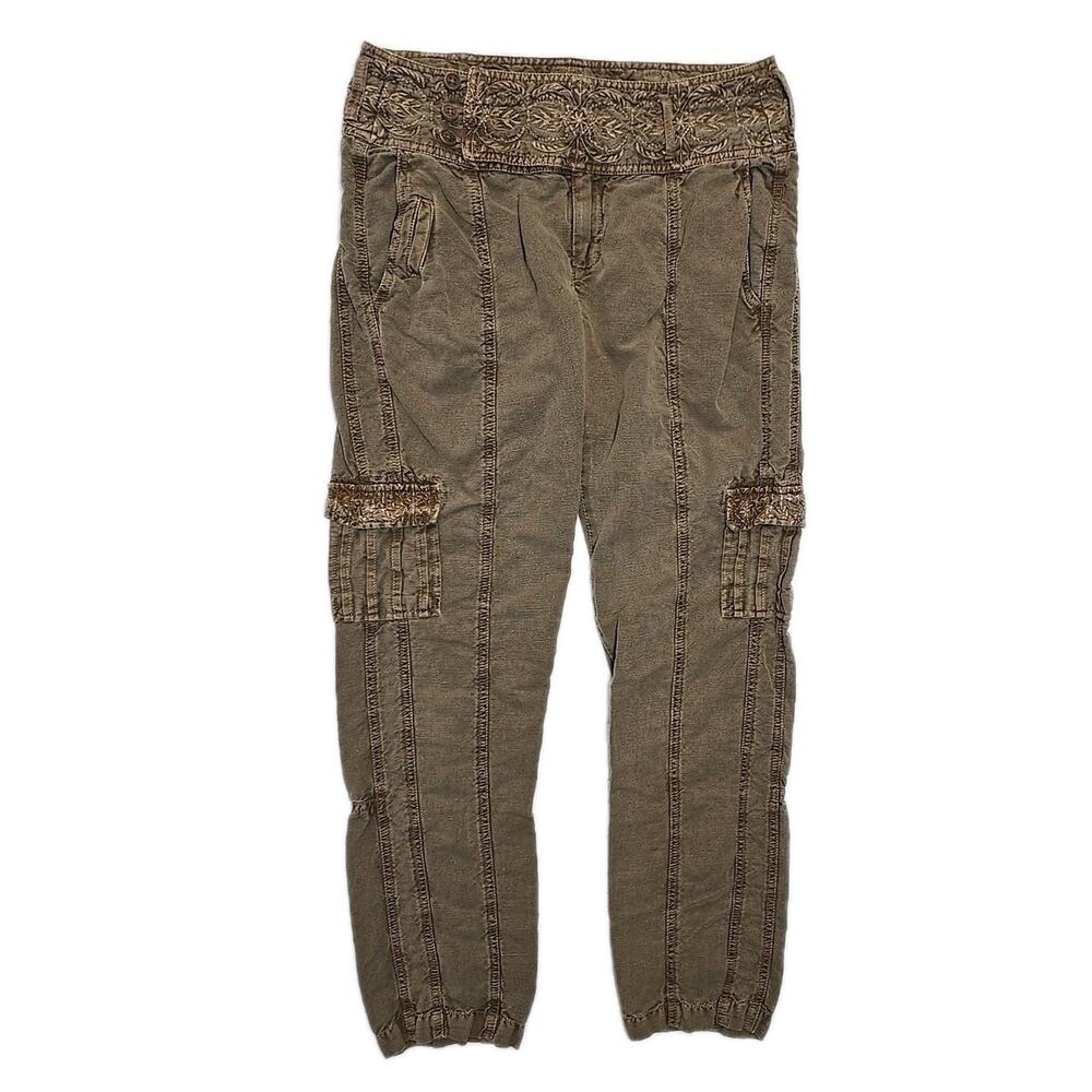 Sundance Rustic Embroidered Linen Cargo Pants Brown Boho Cottagecore Womens 2